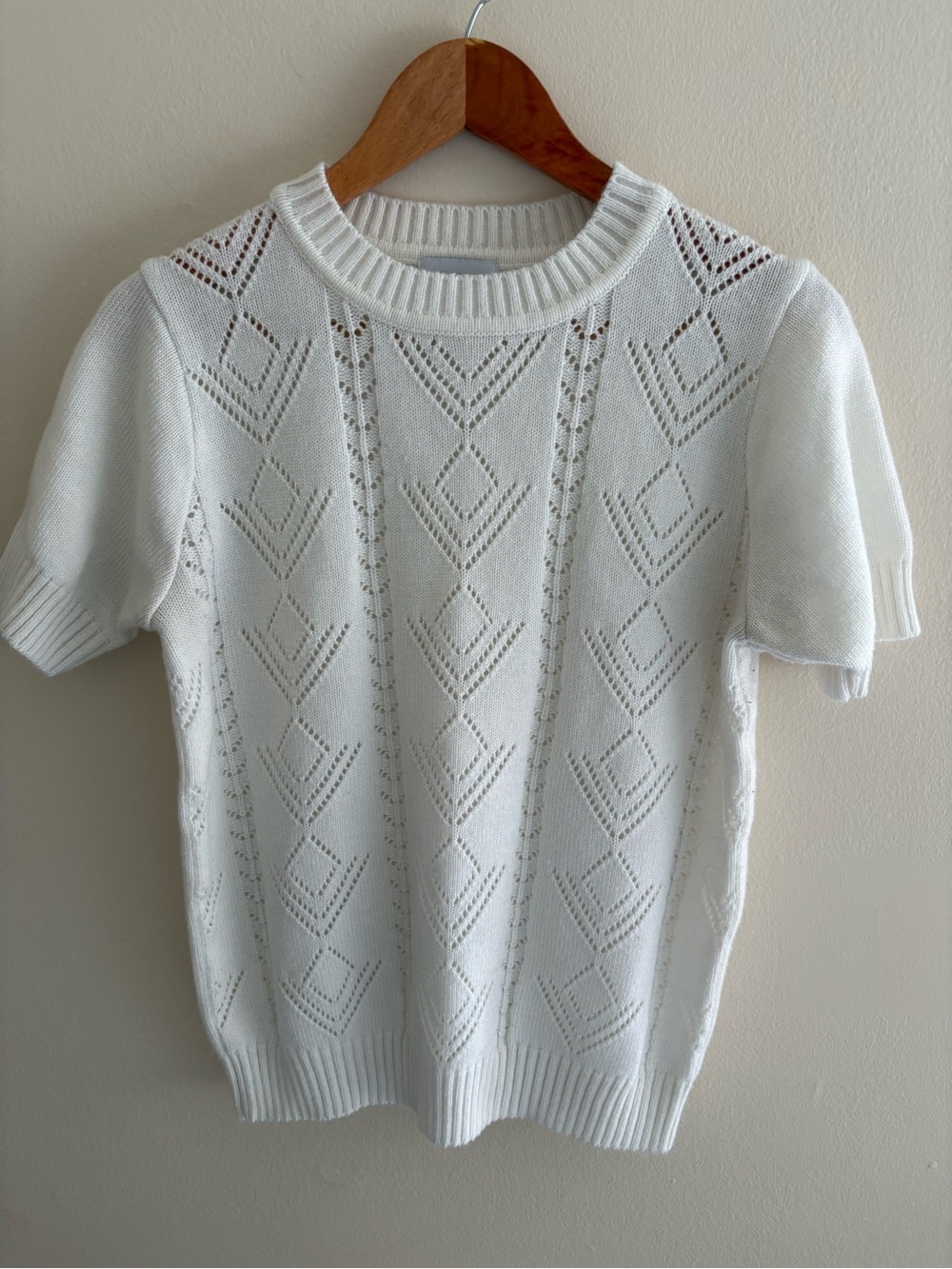 Vintage Classic White Short-Sleeve Pointelle Crewneck Sweater
